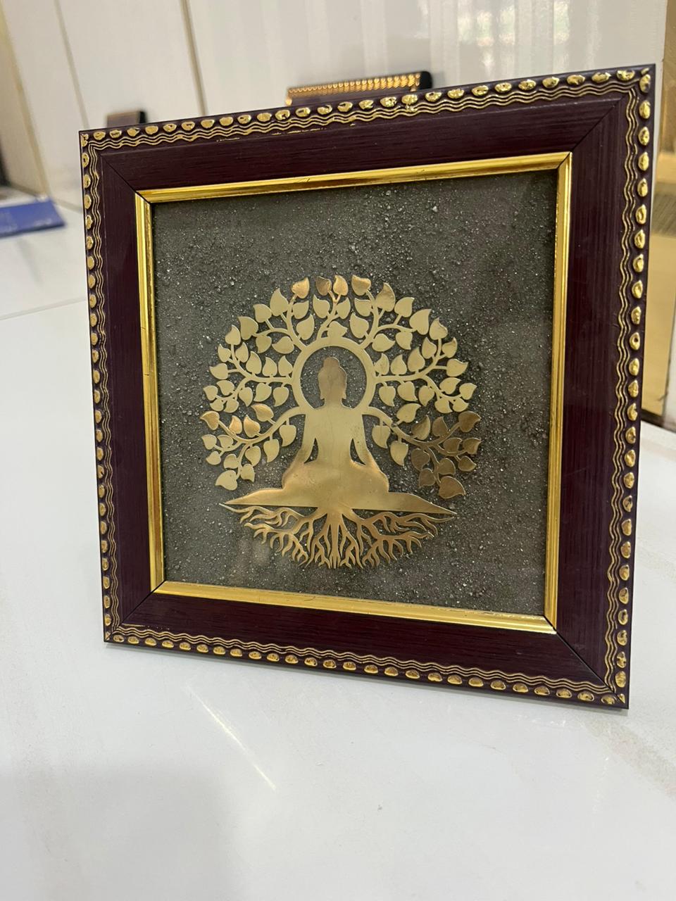 Golden Buddha Under Sacred Tree on Pyrite Stone Frame