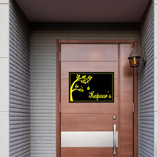 Black Acrylic Home Name Plate with Golden Detailing – Timeless Luxury-(Size-12x 9 Inch)